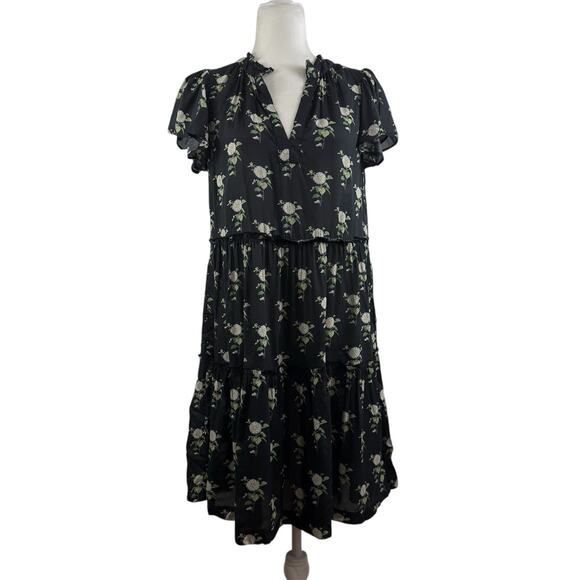 Anthropologie Black Daisy Floral Dress Small Sheer Mini V Neck Ruffle Sleeve - Picture 14 of 14
